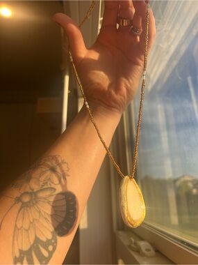 Gold Beaded Necklace with White Druzy Pendant